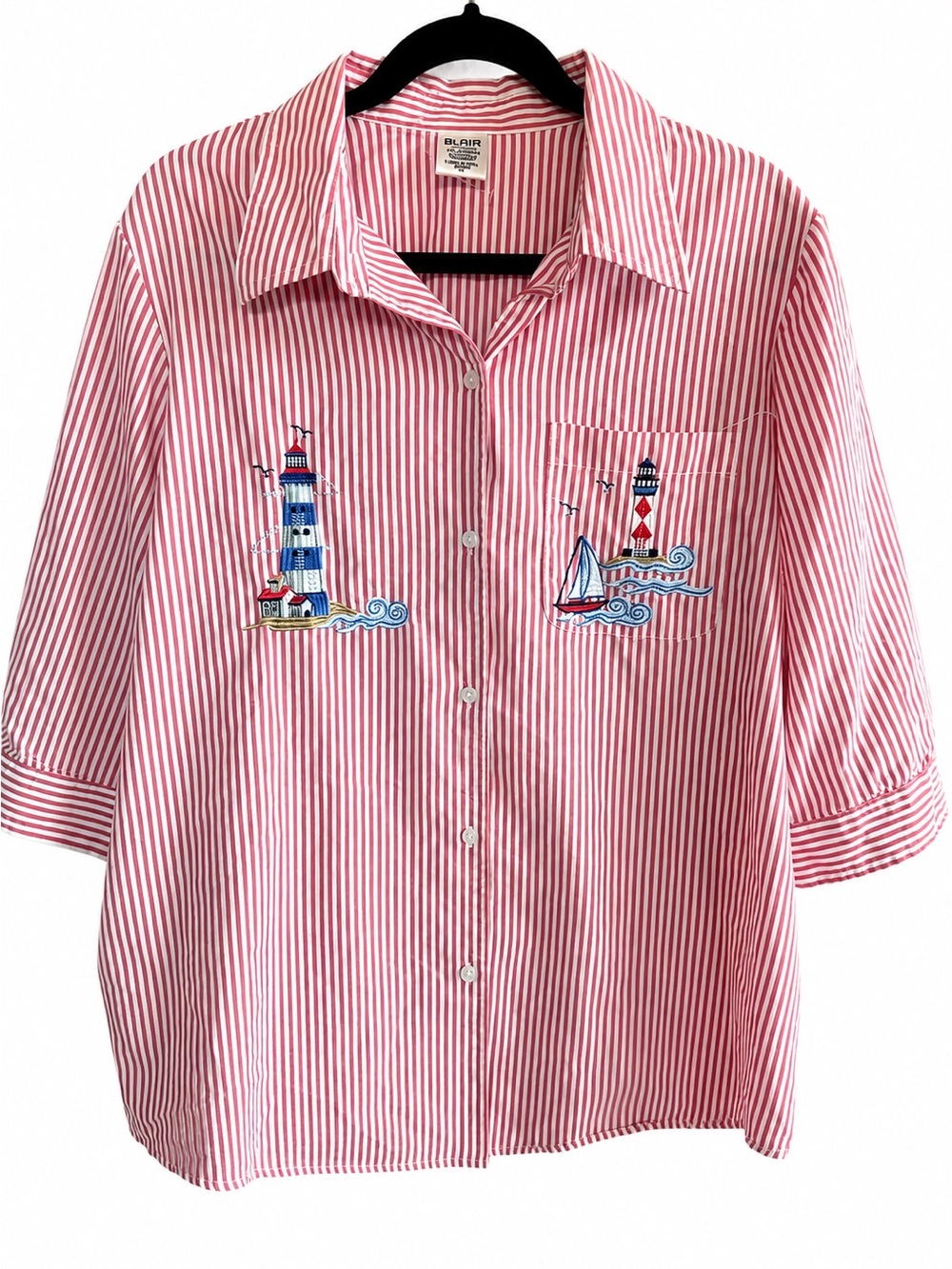 Vintage Blair Lighthouse Embroidered Nautical Striped Button Up Shirt 90s Y2K L